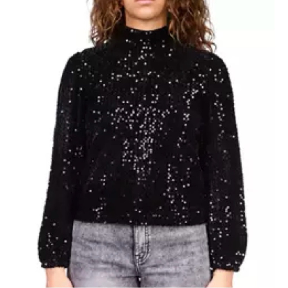 Sanctuary All Nighter Black Sequin Mock Neck Zipper Blouse Top Size M